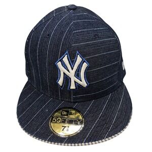 New Era 59FIFTY New York Yankees Pinstripe Denim Fitted Hat Navy Blue 7 3/8